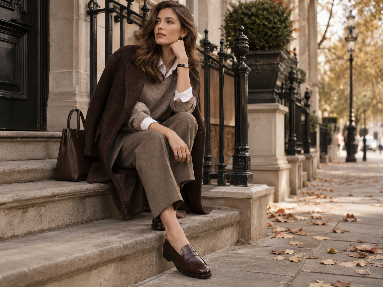 Damen Herbstlook mit braunen Loafern Stoffhose Pullover und langem Mantel