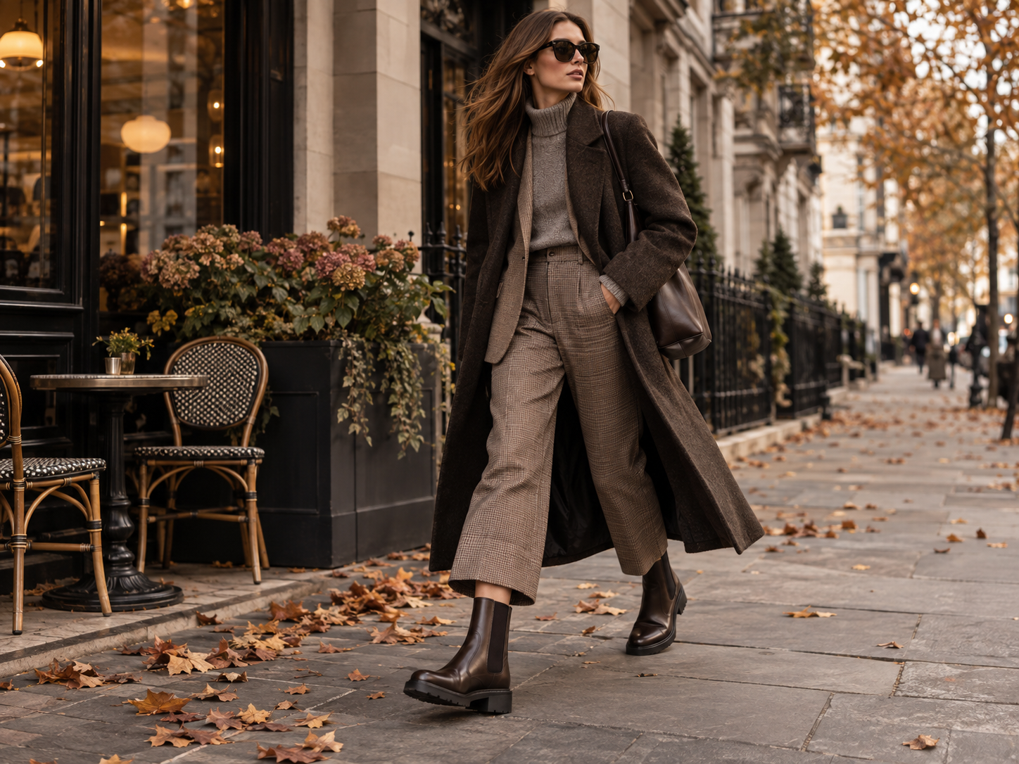 Damen City-Look mit braunen Chelsea Stiefeletten Mantel Pullover und weiter Hose