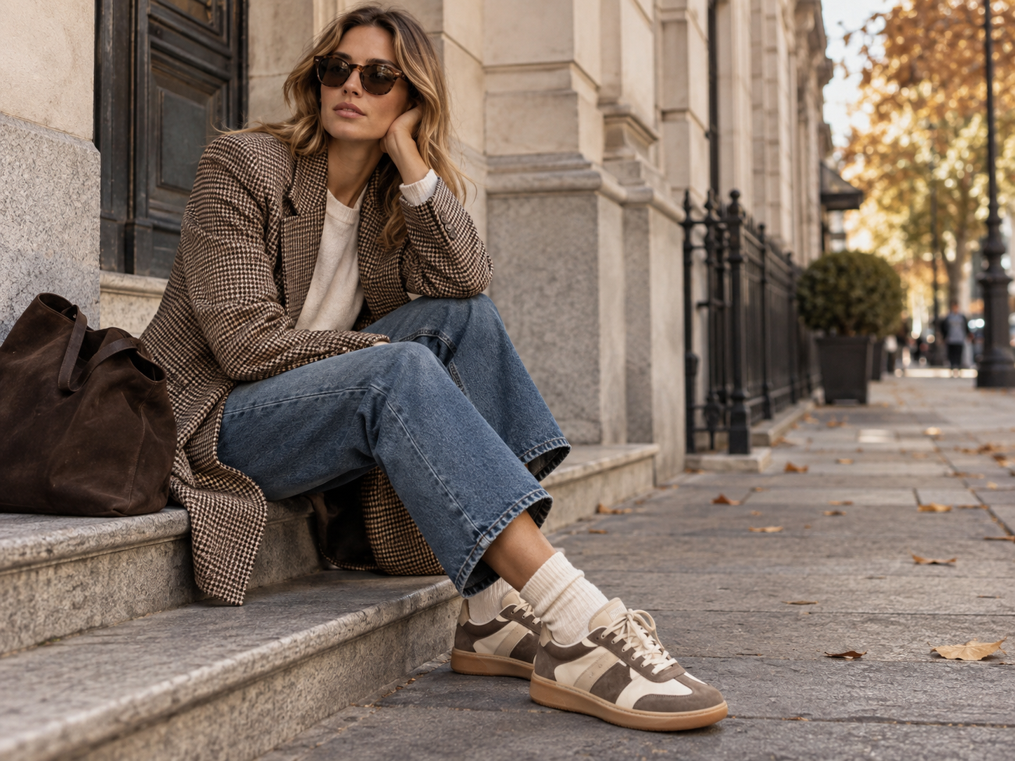 Lässiger Damen Herbstlook mit Retro Sneakers Jeans Blazer und großer Tasche