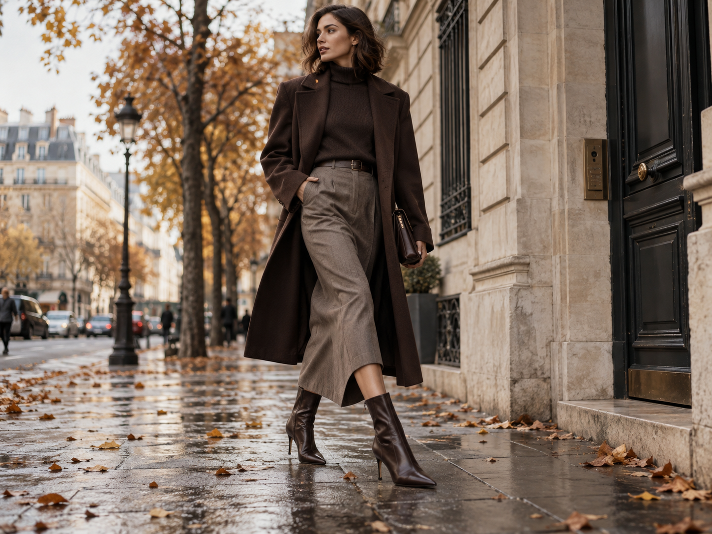 Damen Herbstlook mit spitzen braunen Stiefeletten langem Mantel und Midirock