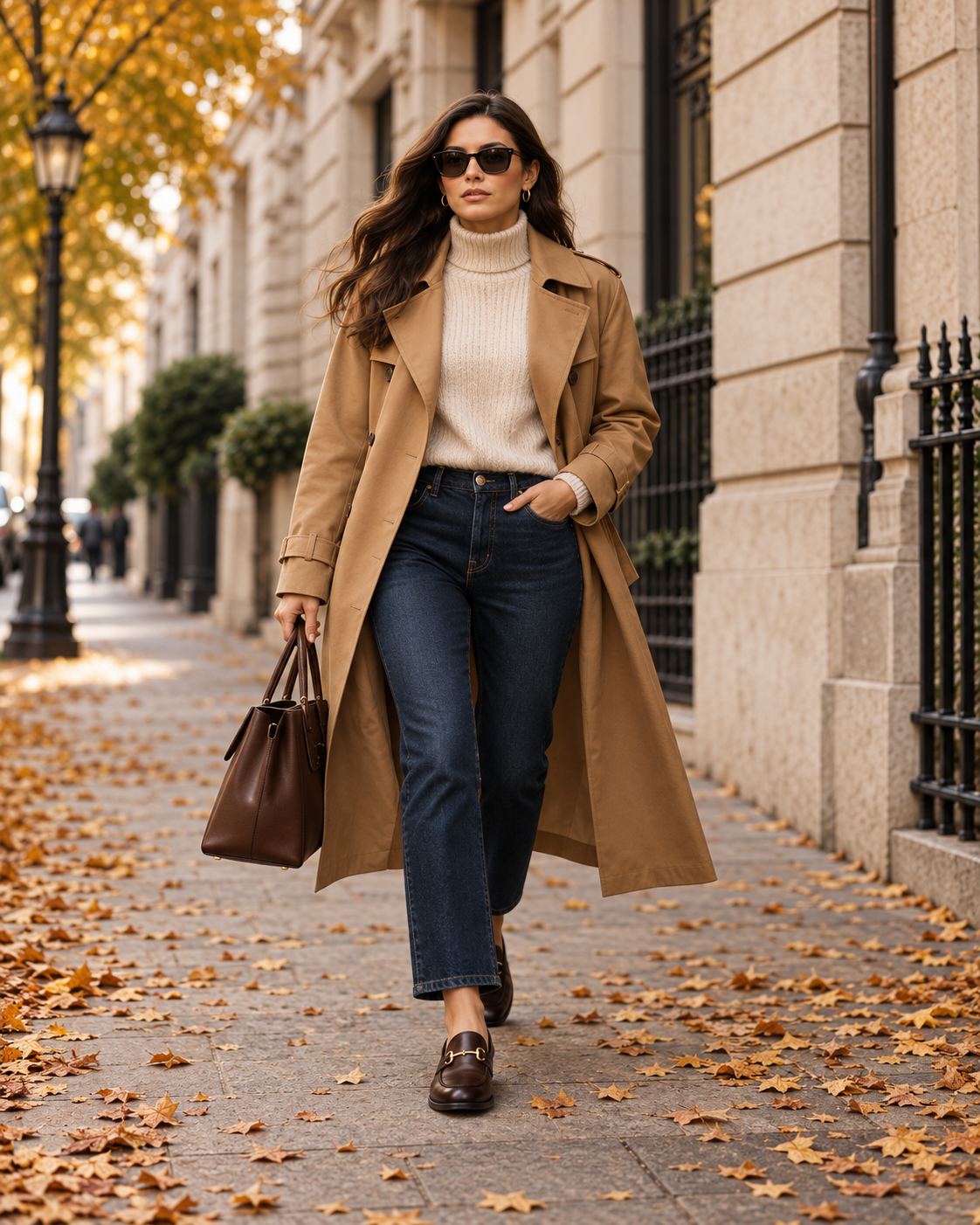 Herbstlicher Damenlook mit Trenchcoat Pullover Jeans und Loafern