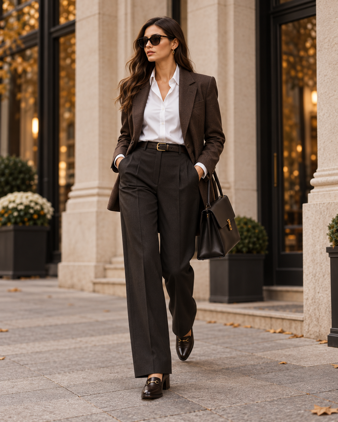 Eleganter Herbstlook mit braunem Blazer weißem Hemd und Stoffhose