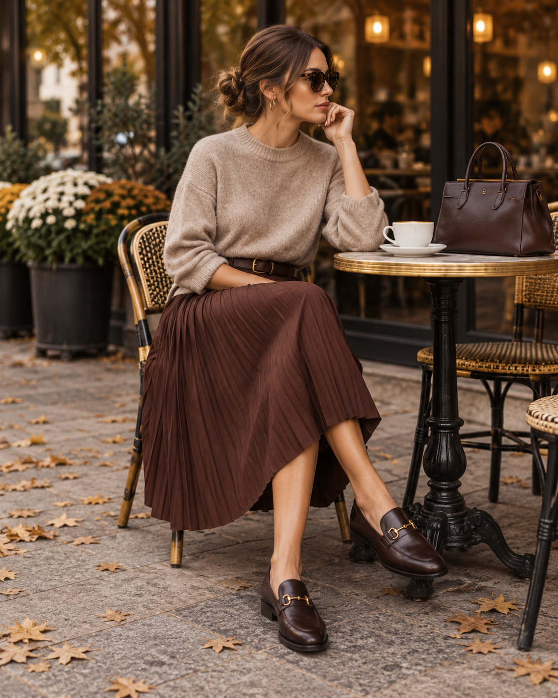 Herbstoutfit mit Pullover braunem Midi-Rock und Loafern