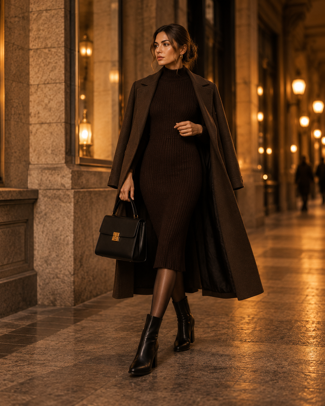Eleganter Herbstlook mit Strickkleid langem Mantel und Stiefeletten
