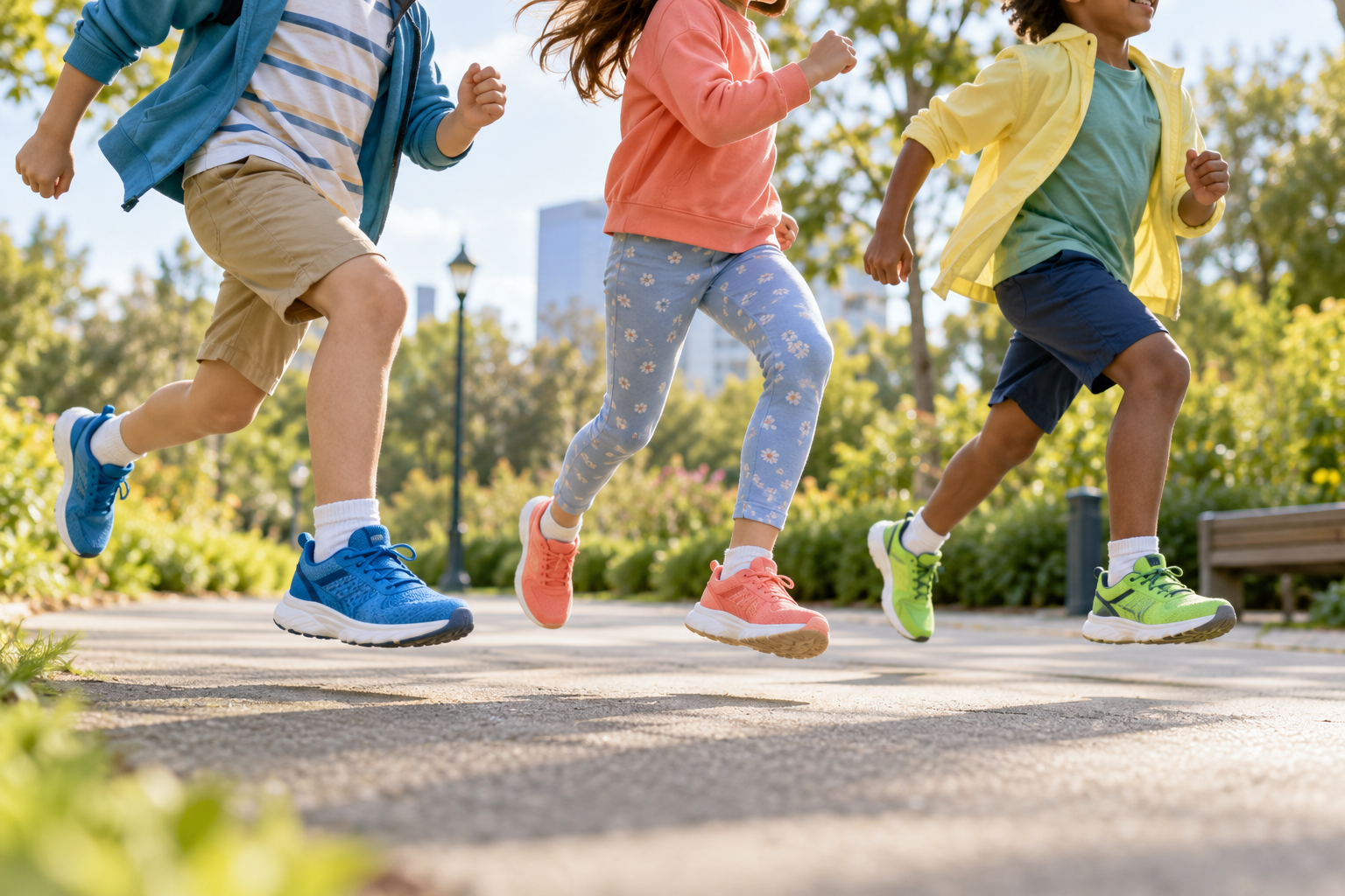 Kinder laufen und spielen mit Sportschuhen im Park