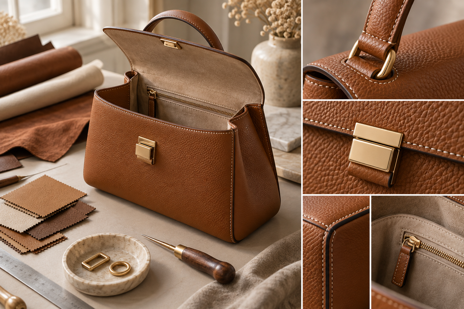 Materialien, Nähte und Metallbeschläge einer Designer-Handtasche