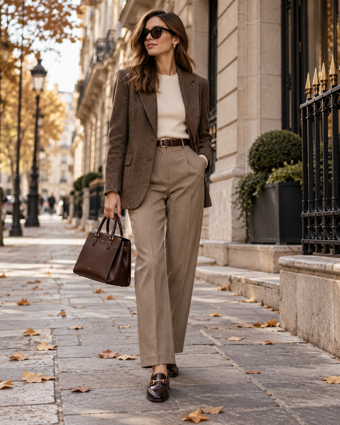 Eleganter Herbstlook fürs Büro mit braunem Blazer Stoffhose Loafern und strukturierter Tasche