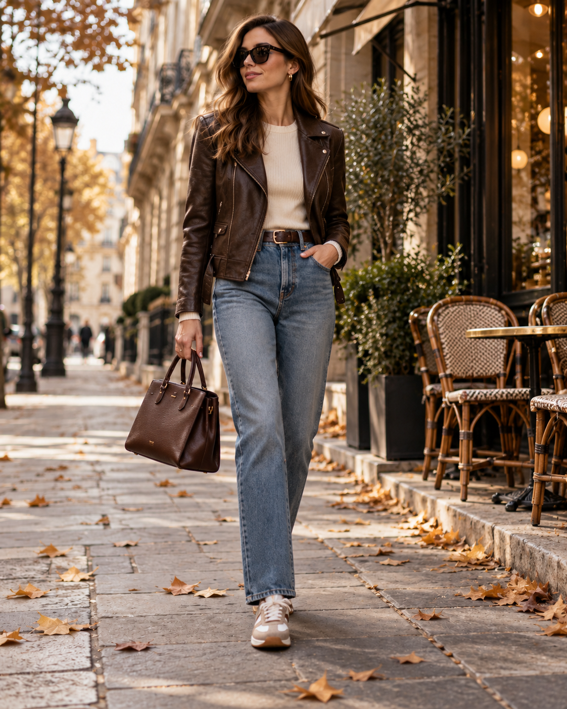 Femininer Herbstlook mit braunem Midirock hellem Strickpullover Ballerinas und kleiner Tasche