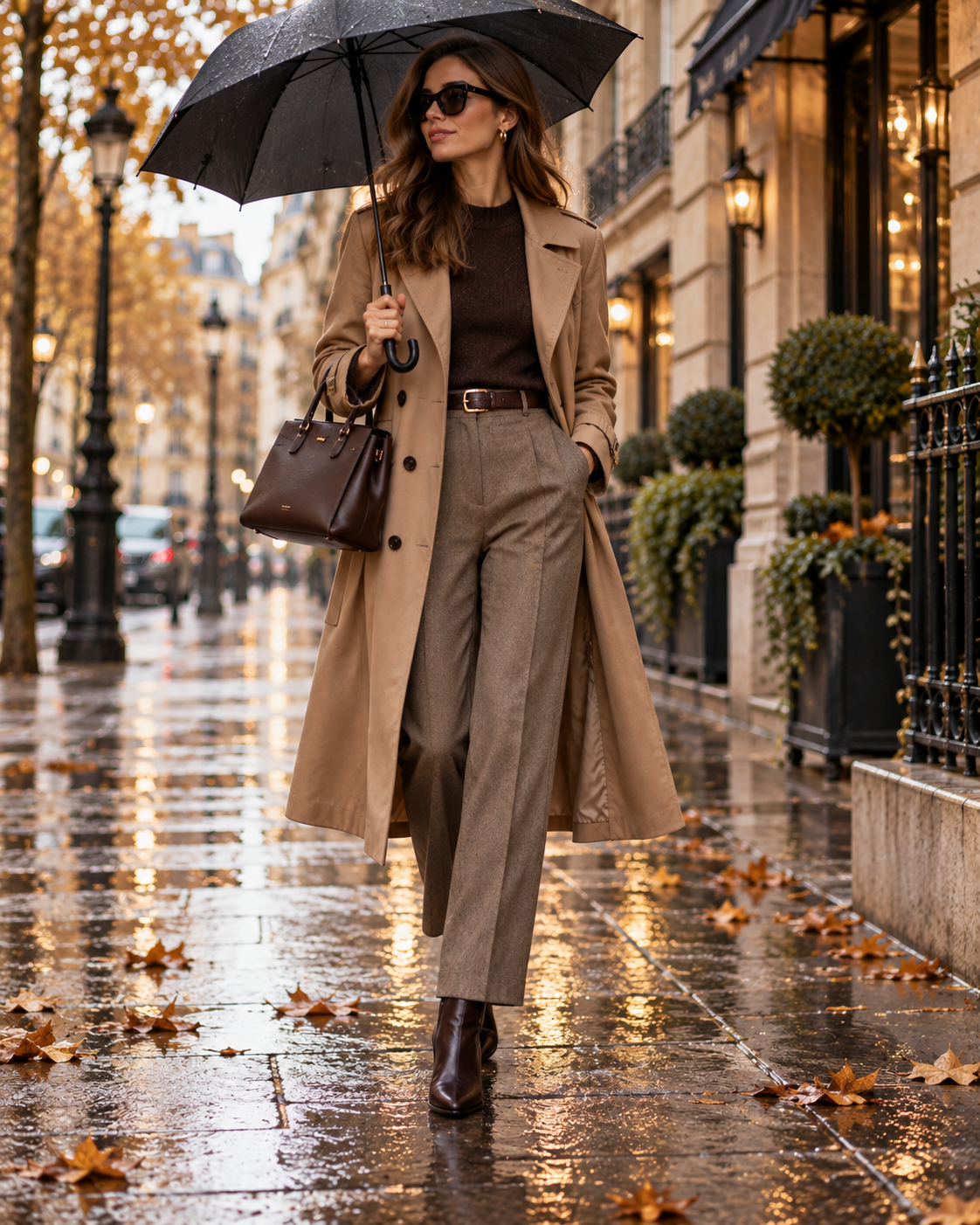 Eleganter Look für einen regnerischen Herbsttag mit Trenchcoat Stoffhose Stiefeletten Tasche und Regenschirm