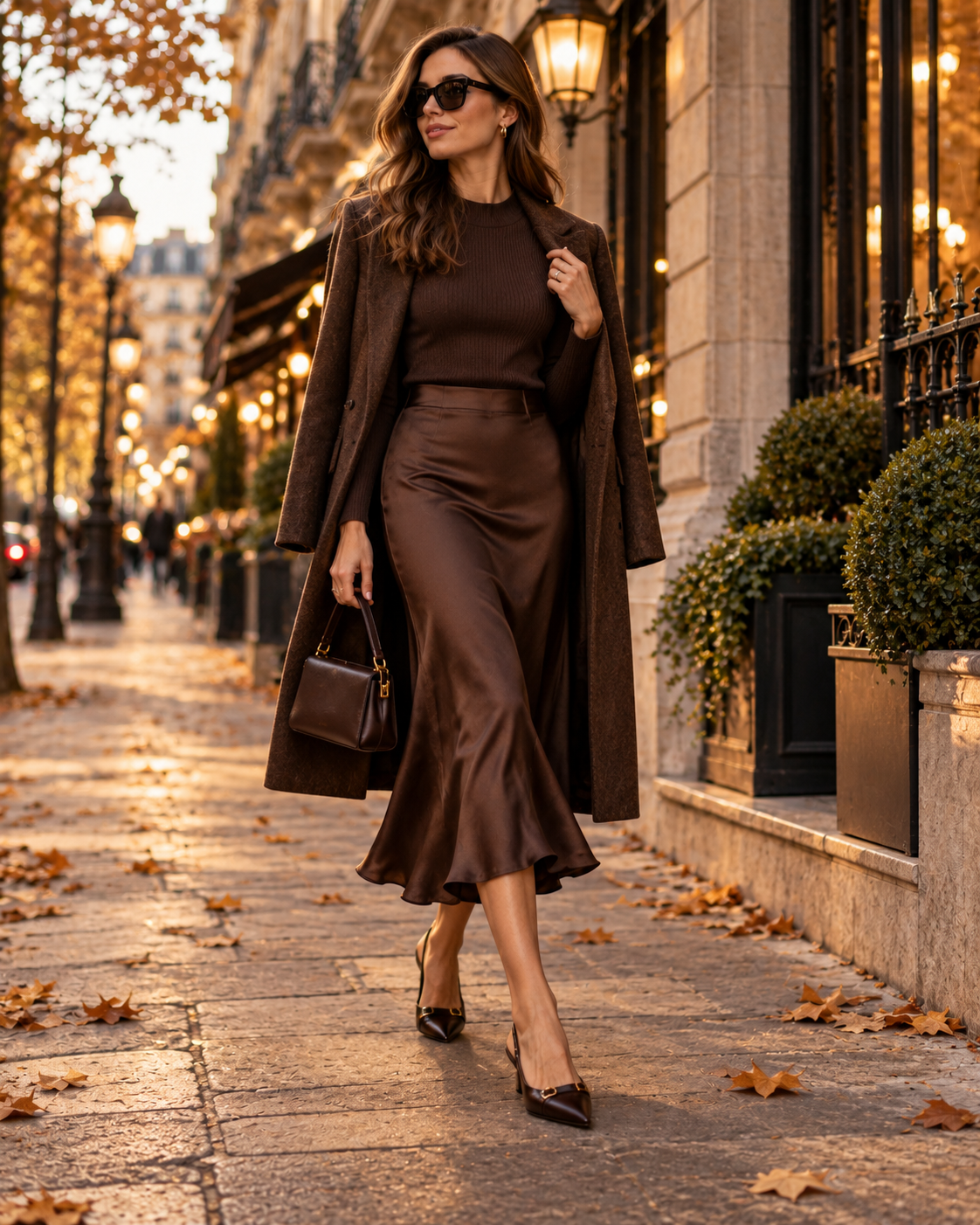 Eleganter Abendlook in Schokoladentönen mit Midirock Blazer eleganten Schuhen und kleiner Tasche