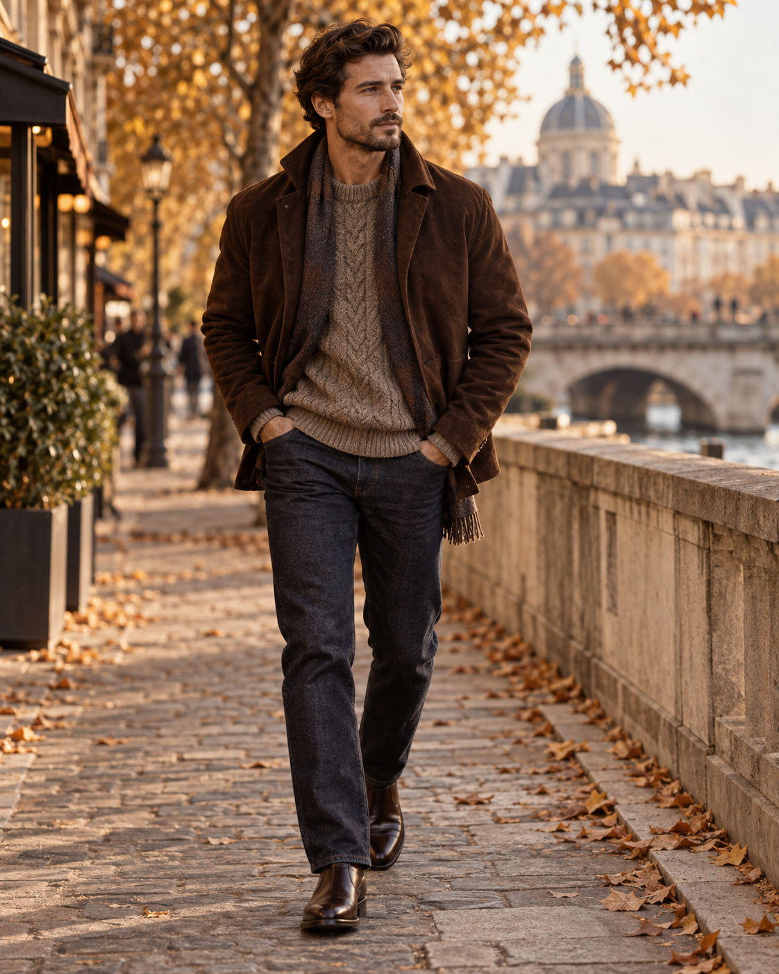 Herbstlicher Herrenlook mit brauner Jacke Pullover dunkler Jeans und Lederschuhen