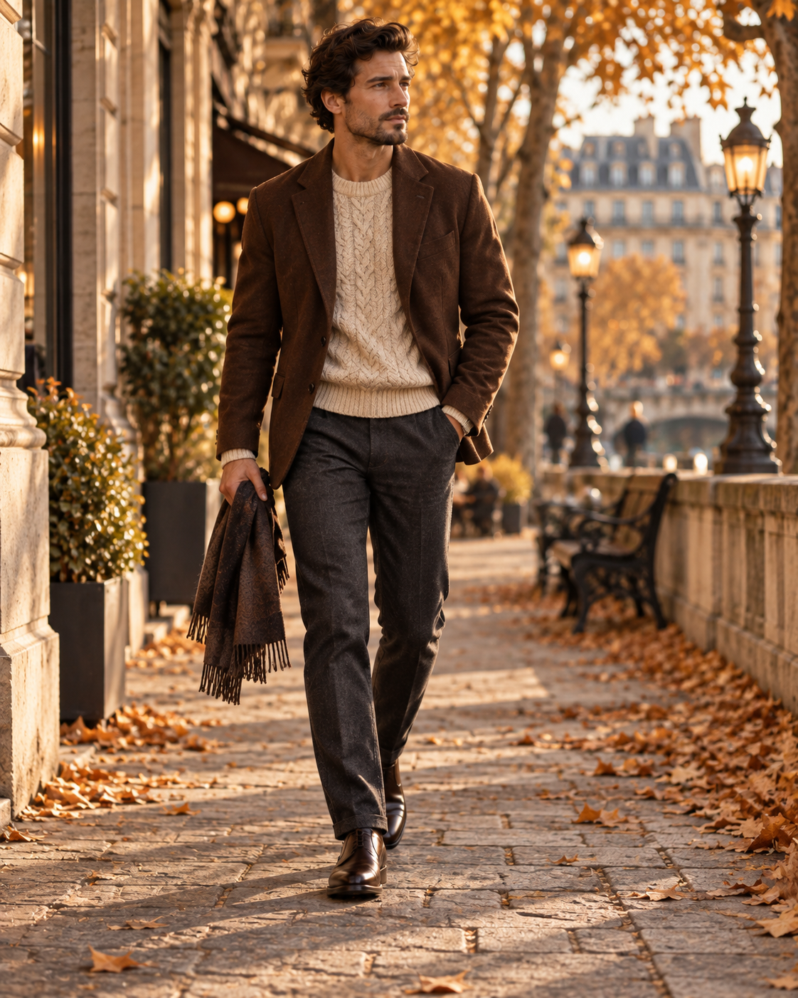 Smart Casual Herrenlook mit braunem Sakko hellem Pullover und Stoffhose