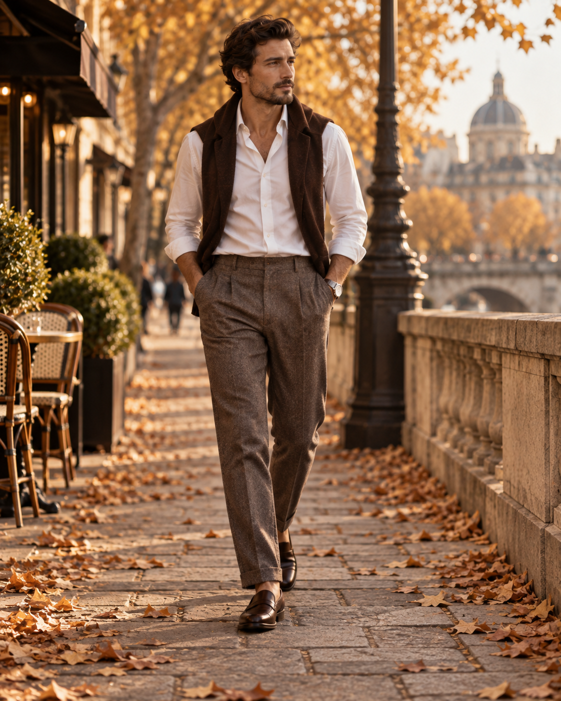 Herbstlicher Herrenlook mit weißem Hemd lockerer Hose und braunen Loafern