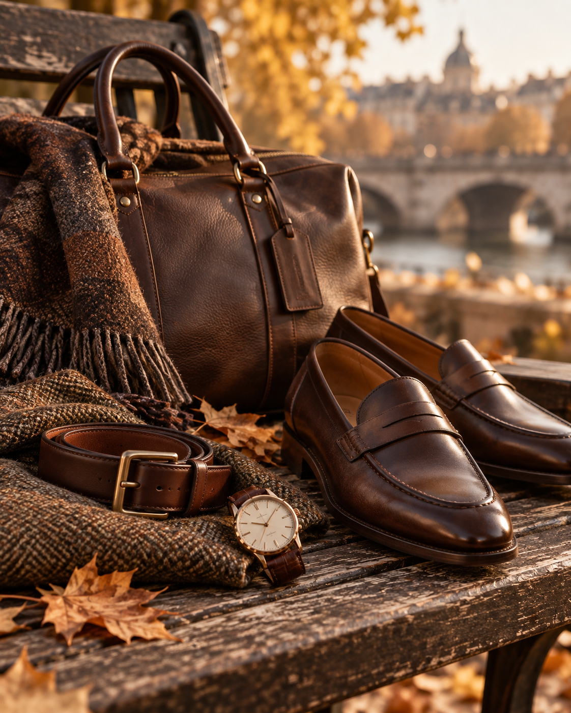 Herrenaccessoires für den Herbst mit Ledertasche Gürtel Uhr Schal und Loafern