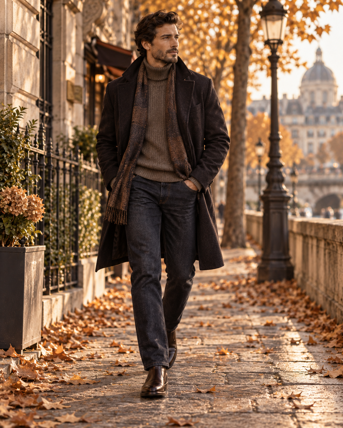 Herbstlicher Herrenlook mit langem Mantel Pullover Jeans und Chelsea Boots