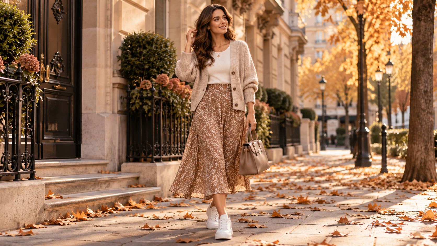 Midirock mit Sneakern und Strickjacke für einen stilvollen Herbst-Look