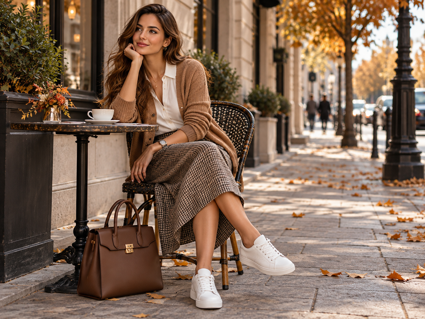Eleganter Damenrock mit Strickjacke und Sneakern fürs Büro